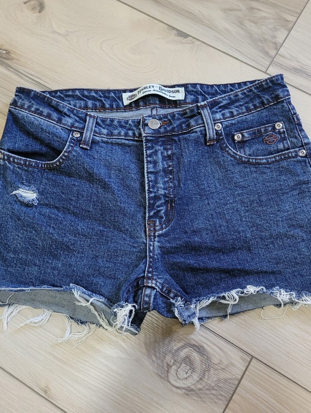 Harley-Davidson Women's Dark Indigo Distressed Denim Cutoff Shorts 8P Bikercore